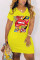 Yellow Fashion Casual Printed V-neck Loose Dress