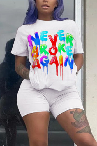 White Fashion Casual Printed Short Sleeve Shorts Set