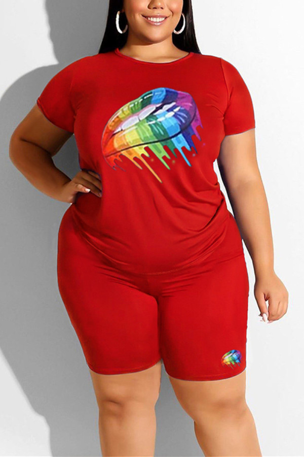 Red Rainbow Lips Print Casual Short Sleelve Plus Size Sporty Shorts Matching Sets