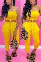 Yellow Fashion Sexy Sling Top Trousers Slim Set