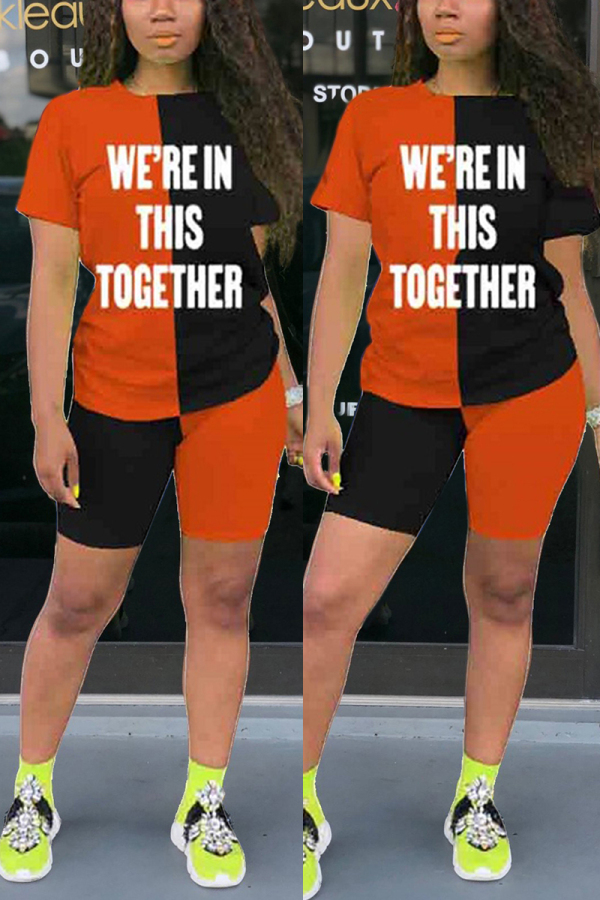 Orange Fashion Casual Printed Short Sleeve Shorts Set