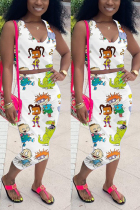 White Fashion Sexy Printed Sleeveless Top Skirt Set