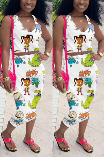 White Fashion Sexy Printed Sleeveless Top Skirt Set