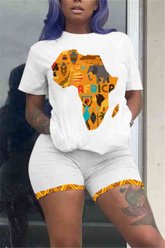 White Fashion Casual Printed T-shirt Shorts Set