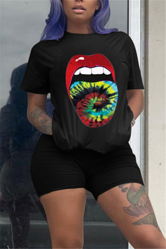 Black Fashion Casual Printed T-shirt Shorts Set