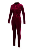 Burgundy Fashion Casual Solid Fold V Neck Long Sleeve Skinny Jumpsuits