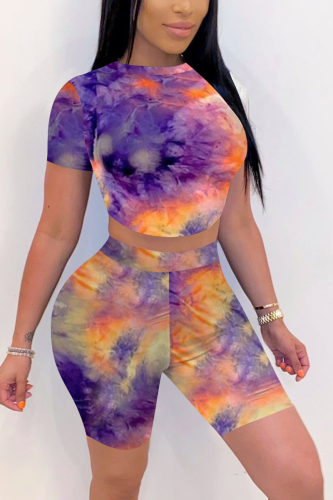 Purple Fashion Casual Printed T-shirt Shorts Set