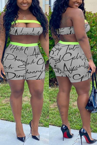 Grey Sexy Printed Strapless Top Shorts Set