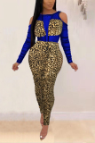 Blue Sexy Mesh Stitching Leopard Print Jumpsuit