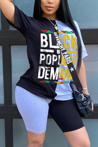 Black Casual Letter Printed Stitching T-shirt Set