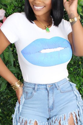 Light Blue Fashion Casual Printed Short Sleeve T-shirt
