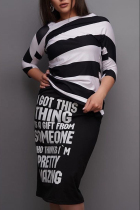 Black Fashion Casual Letter Stripe Printed Skirt Set