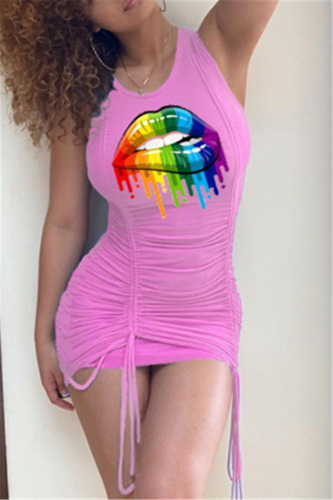 Pink Sexy Lips Print Sleeveless Fitted Dress