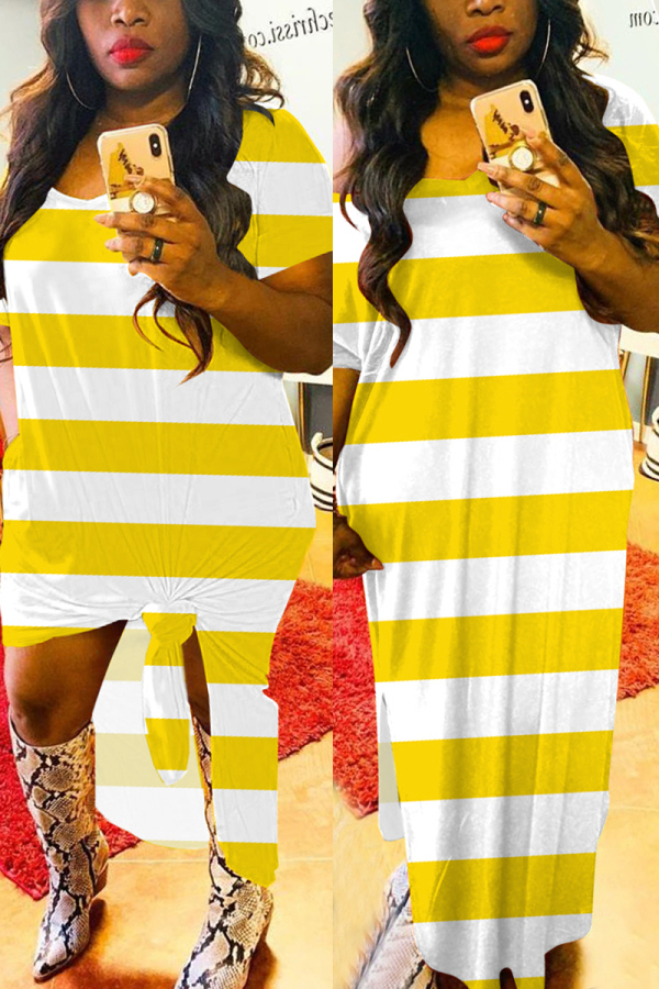YellowWhite Fashion Casual Printed Loose Dress