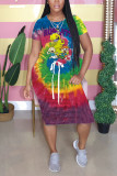 Colorful Rainbow Color Casual Printed Short-sleeved Midi Dress