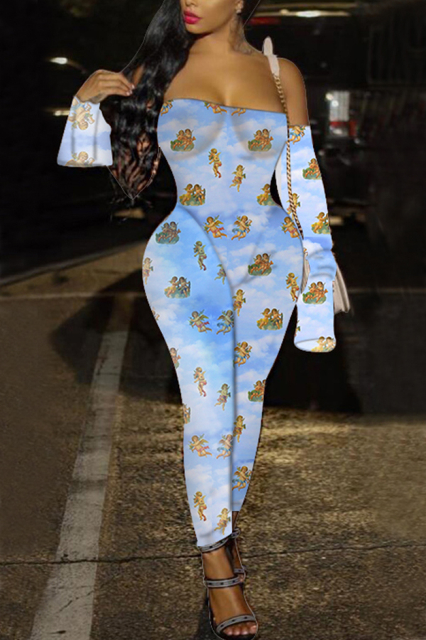 Blue Sexy Casual Print Strapless Jumpsuit