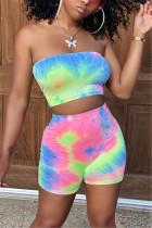 Pink Sexy Printed Strapless Tops Shorts Fitted Set