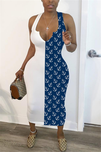White Sexy Print Patchwork Sleeveless Dress