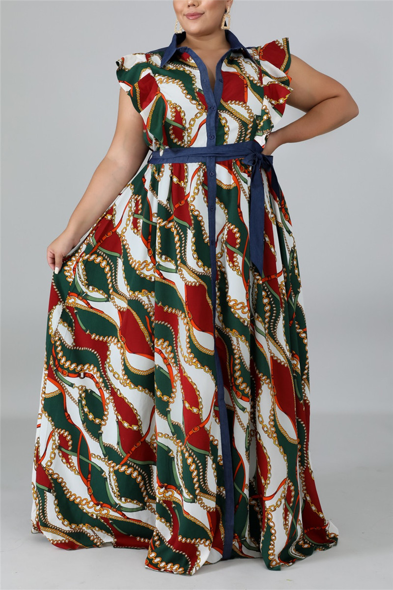 

Green Fashion Casual Printed Plus Size Long Dress