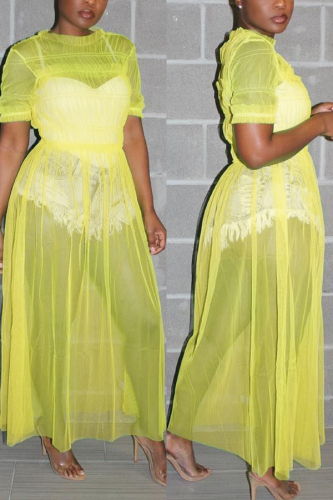 Yellow Casual Fashion Cap Sleeve Half Sleeves O neck Straight Ankle-Length Solid asymmetrical Mes