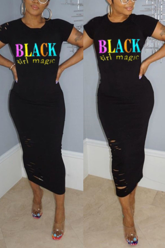 Black Fashion Casual Letter Printed Fitted Dress