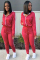 Red Fashion adult Casual Two Piece Suits Print Zippered pencil Long Sleeve Two-piece Pants Se