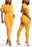 Yellow Fashion Casual Short Sleeve Trousers Set