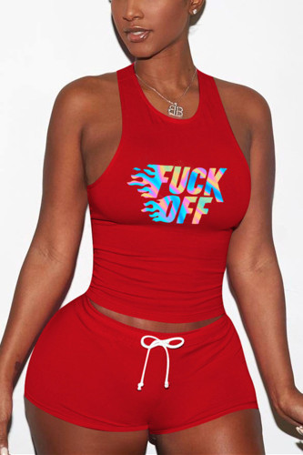 Red Fashion Casual Printed Sleeveless Vest Shorts Set