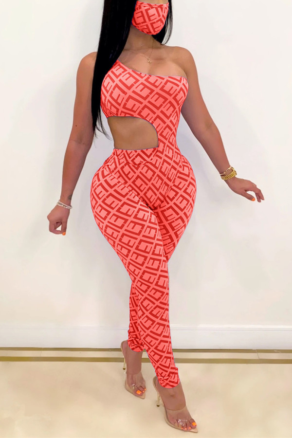 WatermelonRed Sexy Fashion Printed Tights Romper Trousers Set