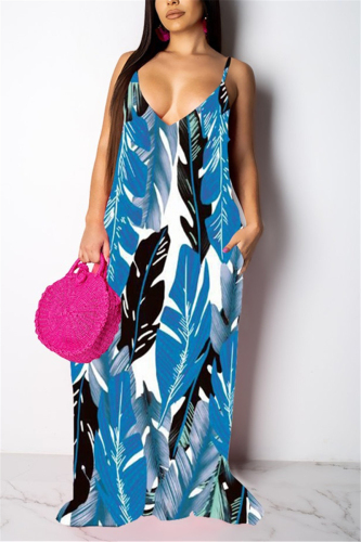 Blue Fashion Sexy Printed Sling Loose Dress