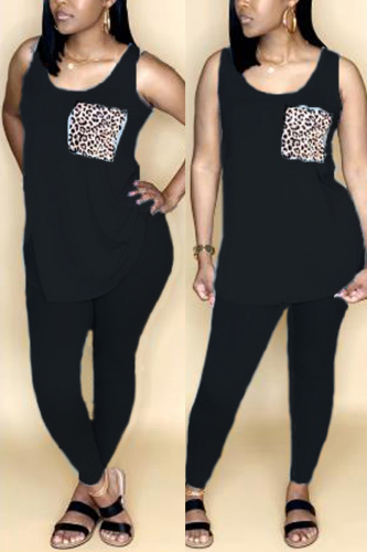 Black Fashion Sexy Printed Sleeveless Top Two-pieces Set