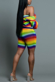 Multicolor Sexy Rainbow Stripe Print Cardigan Vest Shorts Three Piece Set