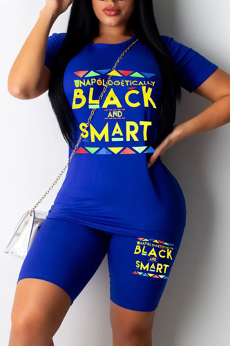 Blue Fashion Casual Printed Short Sleeve Set