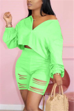 Fluorescent green Fashion Casual Broken Hole Pants Set