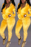 Yellow Fashion Velvet Zipper Lapel Two Piece Suit