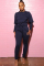 Navy Blue Casual Fashion Ma'am adult Patchwork Two Piece Suits Solid pencil Long Sleeve Two-piece P
