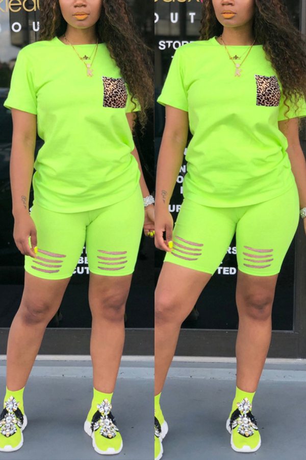 Fluorescent green Fashion Casual Leopard Print Pocket Set