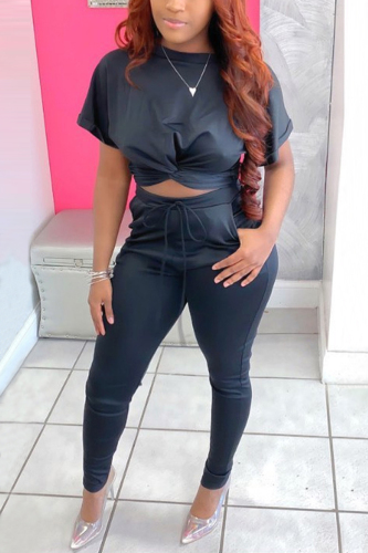 Black Fashion Casual Short Sleeve Trousers Two-piece Set