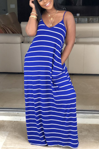 Blue Sexy Fashion Spaghetti Strap Sleeveless Slip Step Skirt Ankle-Length Striped Solid Casual