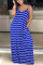 Blue Sexy Fashion Spaghetti Strap Sleeveless Slip Step Skirt Ankle-Length Striped Solid Casual
