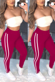 Wine Red Casual Striped Stitching Sports Trousers