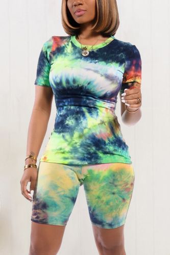 Green Fashion Casual Pprinted T-shirt Shorts Set