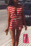 Red Sexy Fashion Patchwork Print Backless Striped Short Sleeve V Neck Rompers