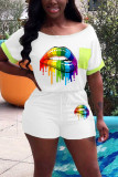 White Casual Rainbow Lips Printed Short Sleeve Tops Shorts Two Piece Set