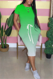 Green Fashion Gradient Printed Short Sleeve Dress