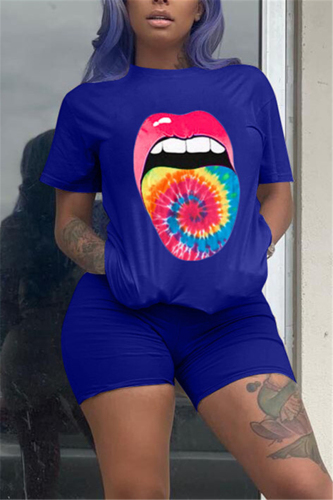 Blue Fashion Casual Printed T-shirt Shorts Set