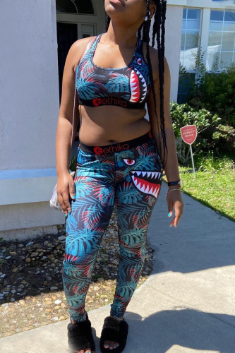 Blue Fashion Print Vest Trousers Sports Set