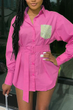 Pink Fashion Casual Long Sleeve Shirt Dress