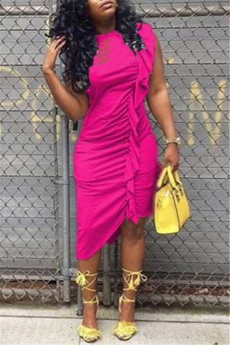 Rose Red Fashion Sexy Sleeveless Irregular Dress
