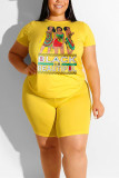 Yellow Fashion Casual Printed T-shirt Large Size Set